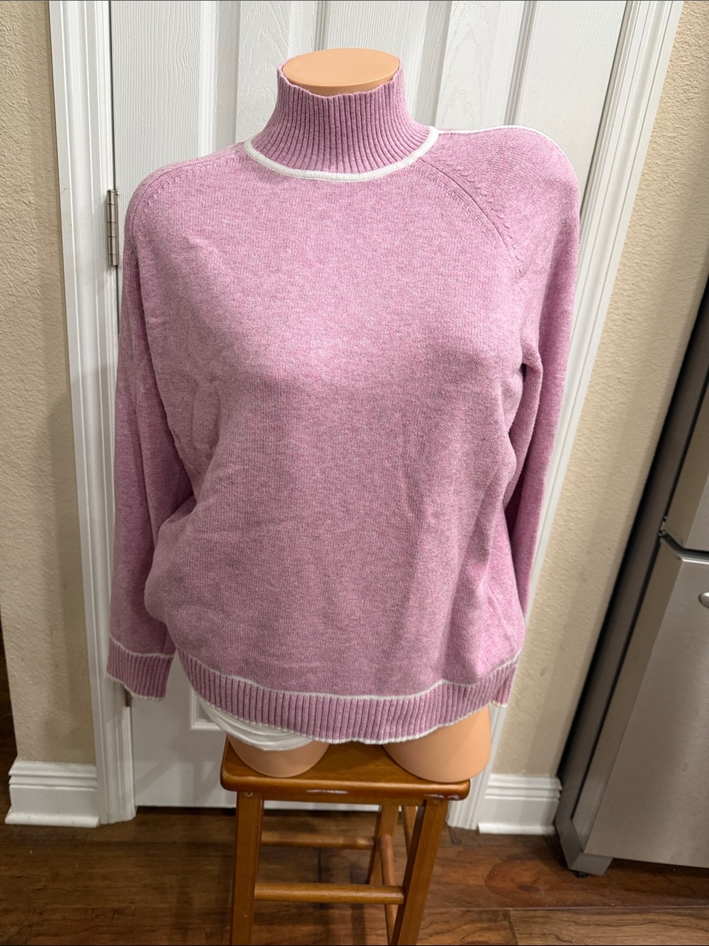 Womens Pink Mock Neck Sweater Medium Cozy Soft Stripe Sleeve Detail